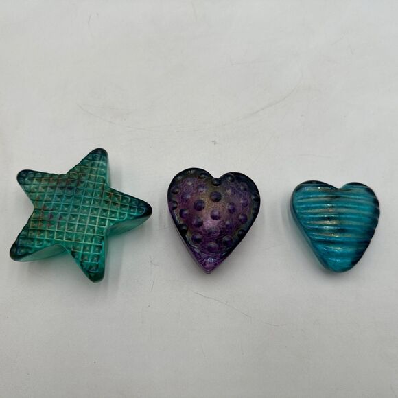 3 Robert Held Heart Glass Paperweight Teal Iridescent Lattice Grid Star Signed - Picture 1 of 11